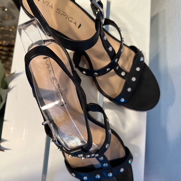 Via Spiga Studded Black Leather Espadrille Wedges Size US 9/EUR 39 silver studs - Picture 11 of 15